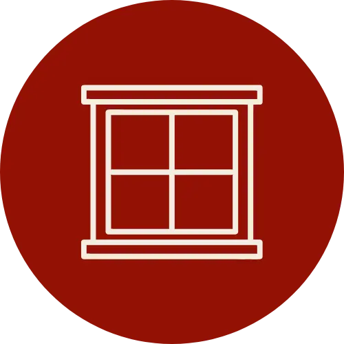 Icon, das zeigt, dass FENAform Produkte im Fenster- und Türbereich eingesetzt werden können. Es zeigt ein Fenster auf dunkelrotem Hintergrund.