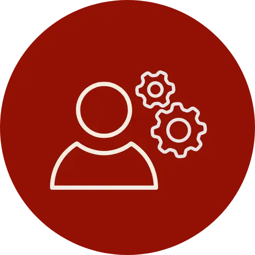 Icon, das zeigt, dass FENAform Produkte individuell nach den Wünschen der Kund*innen gefertigt werden können. Es zeigt eine Person und Zahnräder auf dunkelrotem Hintergrund.